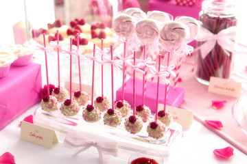 Obraz na płótnie Canvas Cake pops on a lovely wedding candy bar