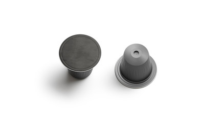 Blank black coffee capsule mockup, isolated, top view, 3d rendering. Empty single-serve drink box mock up. Clear preserve sauce or cream plastic pack template.