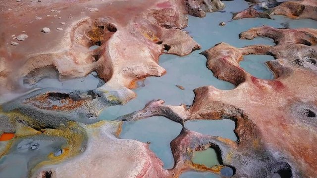 Set of eight clips about geothermal area Sol de Manana (Morning Sun) located on the south of Bolivia with its mud wells and steam vents. Set contains aerial and land shots.
