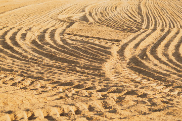 Pattern of curved ridges and furrows on a sandy field. traces on the sand