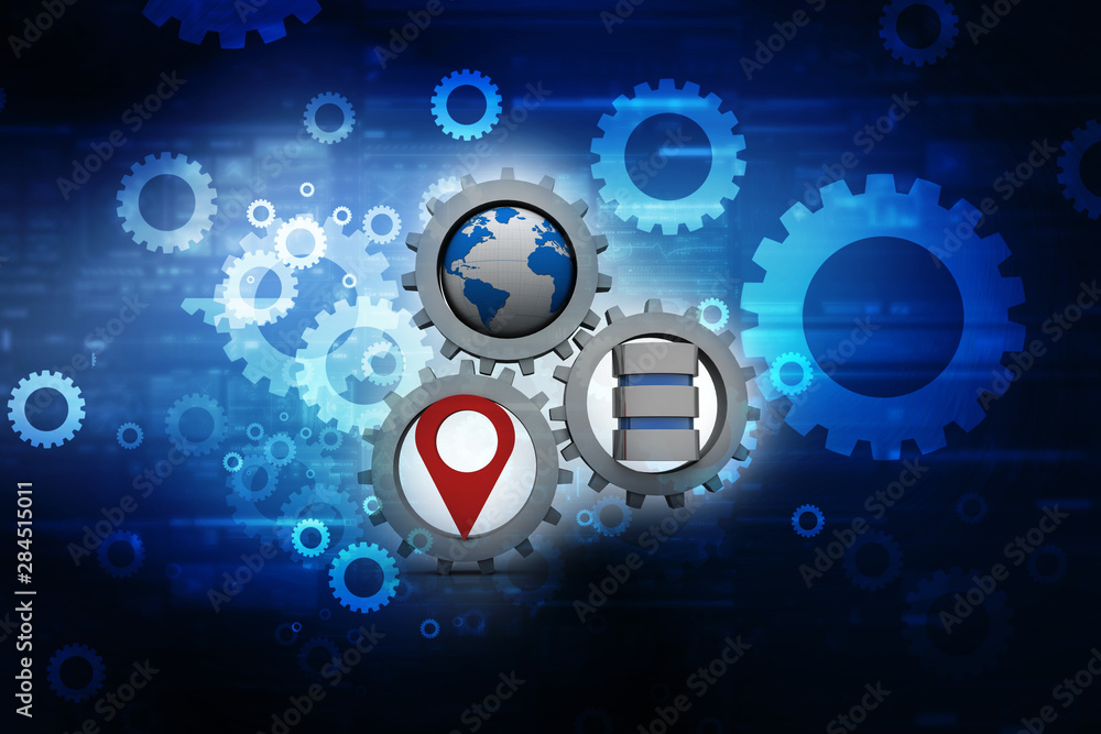 Poster 3d rendering travel and navigation planning, database with globe, gear concept