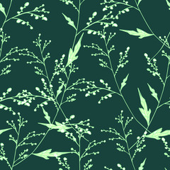 Editable dark green vector endless texture with thin twigs for fabric and decoration. Romantic seamless pattern © Tatiana