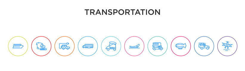 transportation concept 10 outline colorful icons - obrazy, fototapety, plakaty