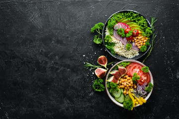 Buddha bowl. Dishes menu. Free copy space. Top view.