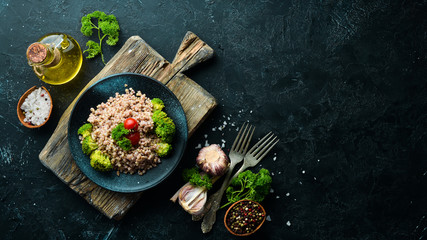 Boiled green buckwheat. Dishes menu. Free copy space. Top view.