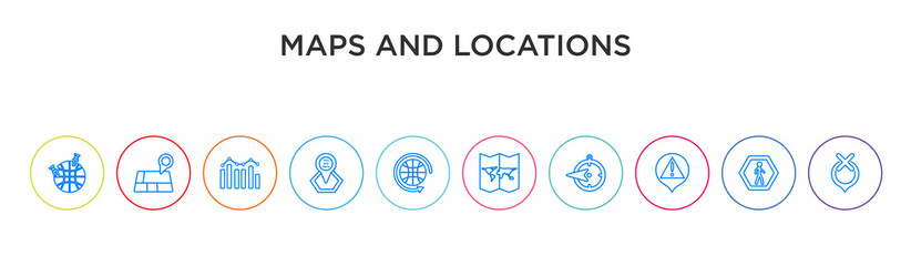 maps and locations concept 10 outline colorful icons