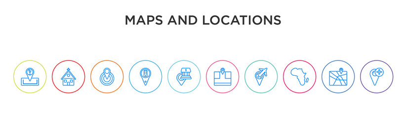 maps and locations concept 10 outline colorful icons
