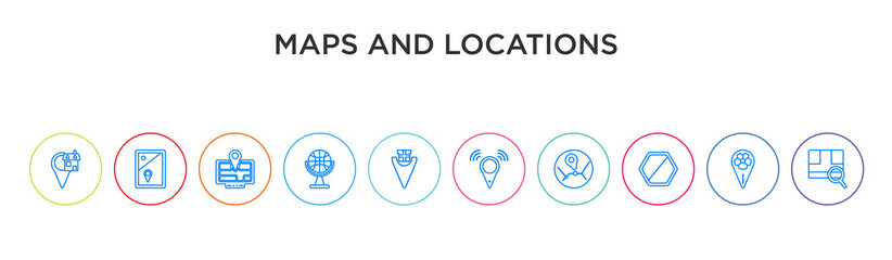 maps and locations concept 10 outline colorful icons