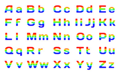 The modern English alphabet in rainbow colors. Latin alphabet of 26 letters, each having upper- and lower-case form, on white background, conceptual vector elements for your design
