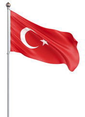 Turkey flag blowing in the wind. Background texture. 3d rendering; wave. Isolated on white. Illustration.