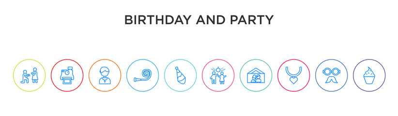 birthday and party concept 10 outline colorful icons
