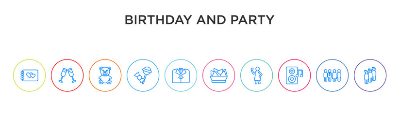 birthday and party concept 10 outline colorful icons