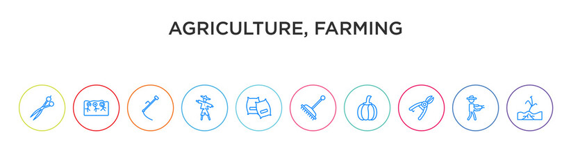 agriculture, farming concept 10 outline colorful icons
