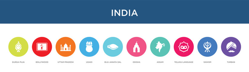 Fototapeta na wymiar india concept 10 colorful icons