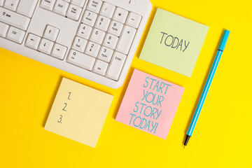 Text sign showing Start Your Story Today. Business photo showcasing work hard on yourself and begin from this moment Empty papers with copy space on the yellow background table