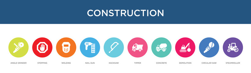 construction concept 10 colorful icons - obrazy, fototapety, plakaty