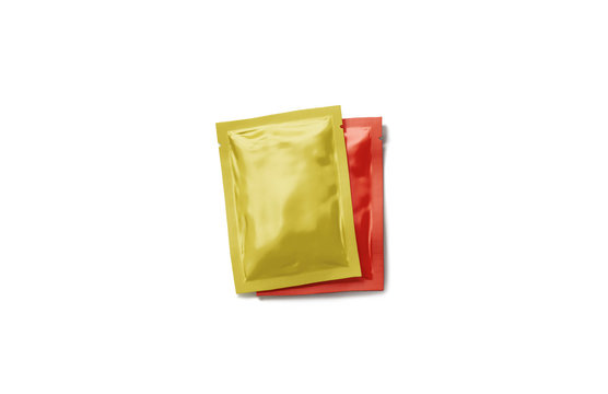 Blank red and yellow sachet packet stack mockup set, 3d rendering. Empty sealed seasoning package mock up, top view. Clear rectangular pack with catsup and spicy mustard pile template.