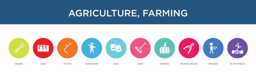 Fototapeta na wymiar agriculture, farming concept 10 colorful icons