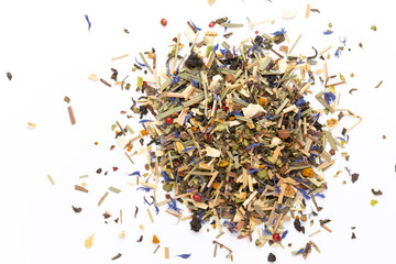 Herbal tea on a white background. Top view.