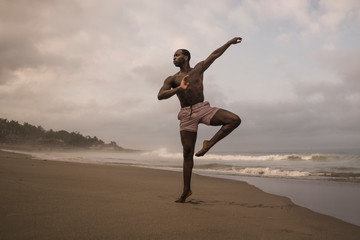 dramatic contemporary dance choreographer doing ballet beach workout, young attractive and athletic...