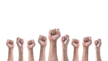 Hands with clenched fist of people crowd (men and women) isolated on a white background with...