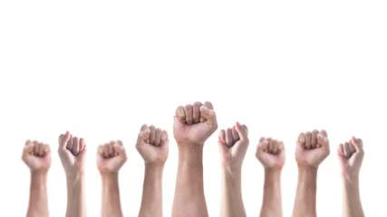 Foto op Plexiglas Hands with clenched fist of people crowd (men and women) isolated on a white background with clipping path for social justice and human rights concept © Chinnapong