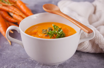 Healthy eating carrot cream soup. Vegetarian vegetables soup.
