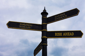 Fototapeta premium Word writing text Risk Ahead. Business photo showcasing A probability or threat of damage, injury, liability, loss Road sign on the crossroads with blue cloudy sky in the background