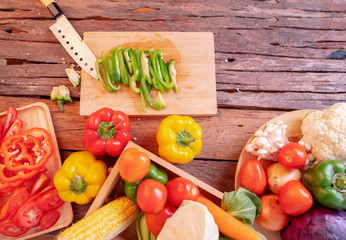 Top view green bell pepper on the cutting board