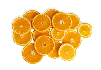 Orange fruits into piece isolated on the white backgrounds
