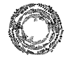 Several circles with a beautiful ornament. Stencil of wreaths from the branches of leaves and flowers