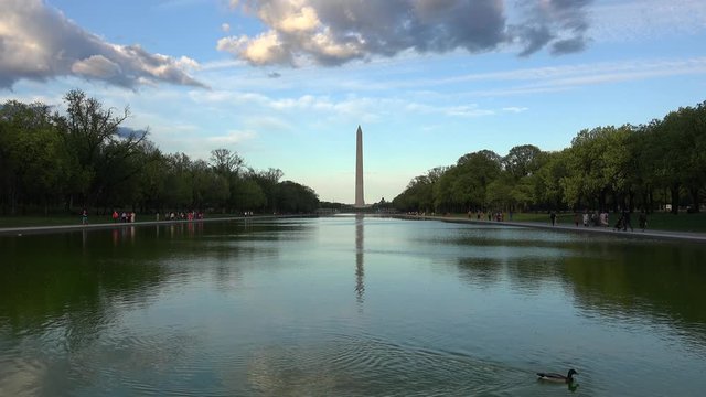 Reflecting Pool with Washington Monument seen from the Lincoln Memorial. Washington, D.C., USA.