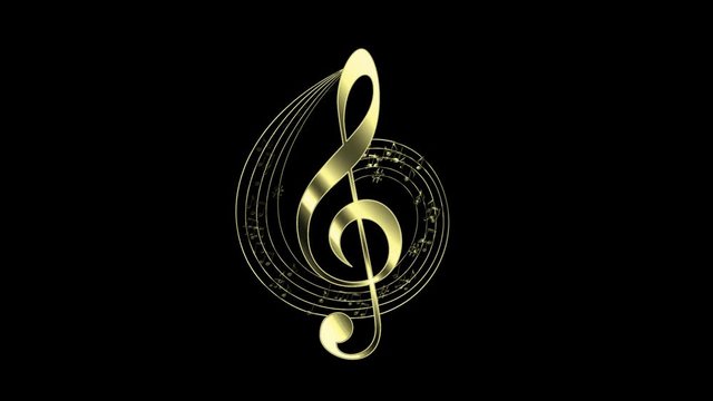Gold Treble Clef with Decorative Music Score. Elegant treble clef animation, gold shine texture with gold border line and decorative music score 3840x2160 resolution.