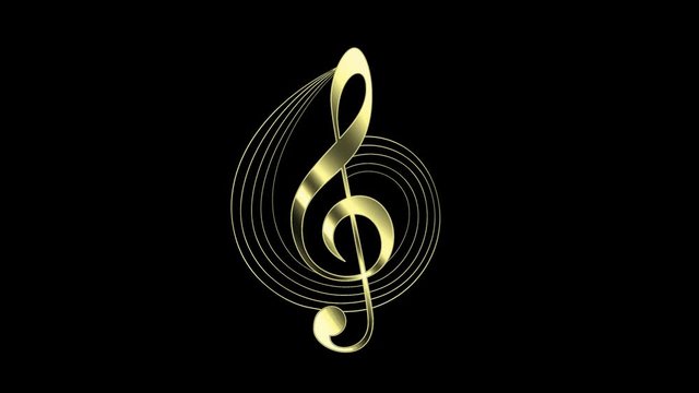 Gold Treble Clef and Music Staff. Elegant treble clef animation, gold shine texture with gold border line and decorative music staff 3840x2160 resolution.