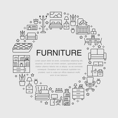 Furniture sale banner illustration with flat line icons. Living room, bedroom, home office chair, kitchen, sofa, nursery, lamp, sideboard thin linear signs. Circle template interior store poster