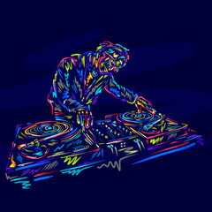 Dj character man illustration colorful music Dj with headphone on club party. Hand drawn sketch. Disco, dance, fun, festival vinyl.