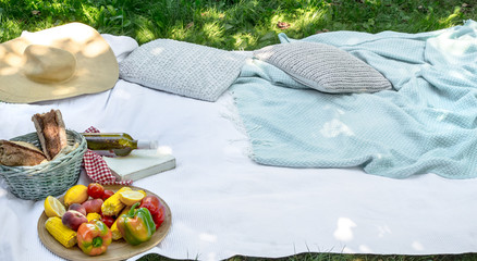 a white blanket on the green grass. The concept of a picnic.