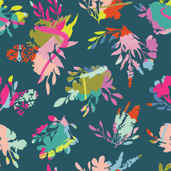 Seamless pattern with colorful flowers and leaves. Peonies, wildflowers, poppies. Abstract floral spring, summer pattern. Bright, juicy background for a wedding, fabrics, packaging.