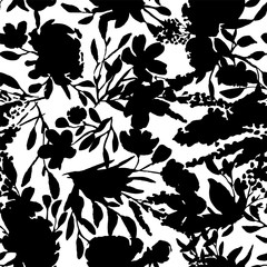 Dark seamless pattern with black flowers and leaves. Peonies, wildflowers, poppies. Abstract floral spring, summer pattern. Black and white background for weddings, fabrics, packaging.