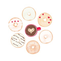 Romantic card of collection glazed donuts pastel colors and coffee cup on white background. Vector illustration in flat style.