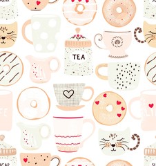 Cute romantic seamless pattern with coffee and tea cups, glazed donuts and hearts. Vector background pastel colors in vintage flat style.