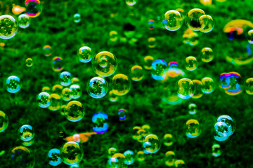 Beautiful abstract texture colorful pink and blue soap bubbles on the green and darkness background and wallpaper