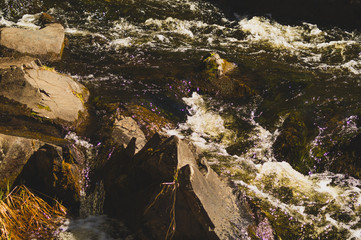 Waterfall background. rushing stream water. rocky flowing river