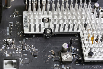 Close up of an electric circuit board. Microelectronics engineering technology