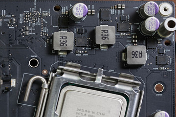 Close up of an electric circuit board. Microelectronics engineering technology