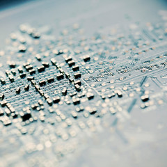 Close up of an electric circuit board. Microelectronics engineering technology