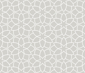 Modern simple geometric vector seamless pattern with white flowers, line texture on grey background. Light gray abstract floral wallpaper, bright tile ornament