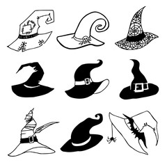 Obraz premium Hat for halloween. Witch hats with straps and buckles set isolated on white background. Collection of halloween silhouettes, elements for decorations. icons, sticker. Vector illustration
