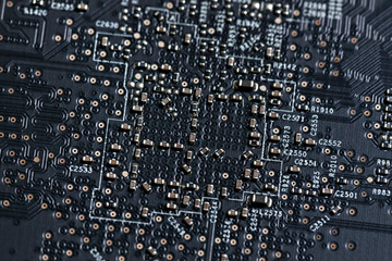 Close up of an electric circuit board. Microelectronics engineering technology