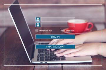 Young woman sign up or log in username password in coffee shop,GDPR.cyber security and privacy concept